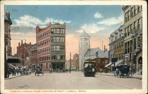 Lowell MA Towers Corner Trolley c1920 Postcard