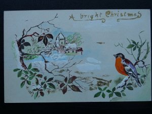 HAND PAINTED Christmas Greetings A BRIGHT CHRISTMAS & ROBIN c1910 Postcard