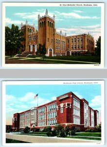 2 Postcards MUSKOGEE, Oklahoma OK ~ HIGH SCHOOL, St. Paul Methodist Church