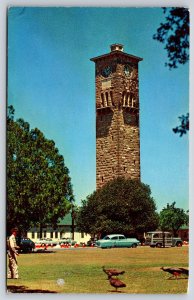 Fort Sam Houston Texas~Quadrangle~Peacock Birds~Clock Tower~Cars~1950s Postcard