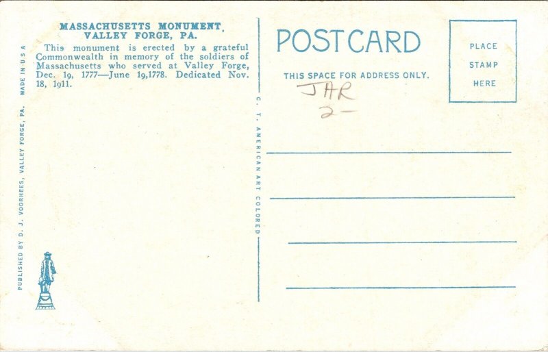 Massachusetts Monument Valley Forge Landmark Pennsylvania PA Postcard Unused UNP 
