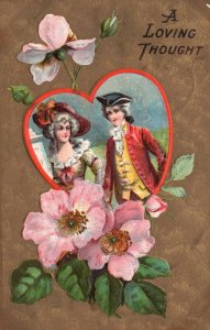 Vintage Postcard 1908 A Loving Thought Couple Romance Heart Flowers Greetings