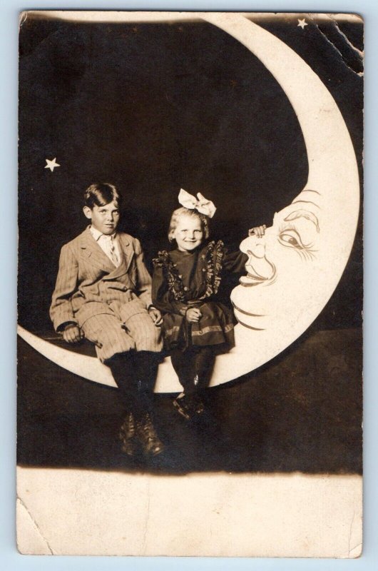 Lampson WI Cedar Rapids IA Postcard RPPC Photo Paper Moon Crescent Children 1911