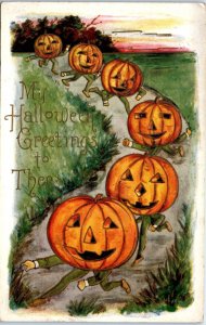 1909 Halloween Postcard Anthropomorphic Jack O Lantern Pumpkin Men Running