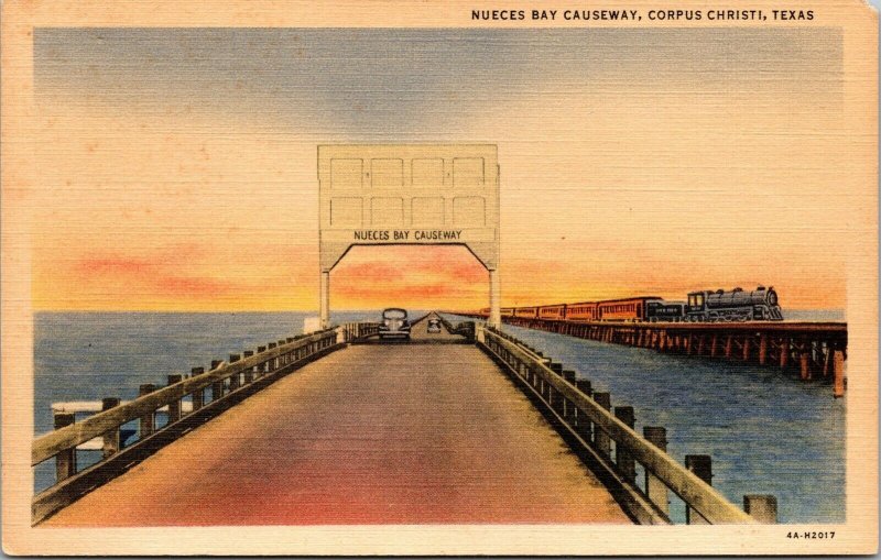 VTG 1930's Nueces Bay Causeway Railroad Train Corpus Christi Texas TX Postcard