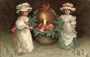 Christmas Int'l Art Little Girls with Basket of Goodies c1910 Vintage Postcard