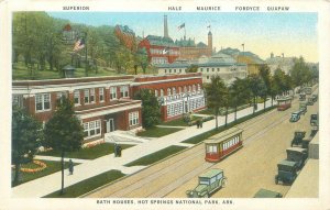 Hot Springs National Park Bath House, Old Cars, Trolley WB Postcard Unused