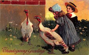 Thanksgiving Greetings Two Turkeys Young Boy Girl PFB Postcard