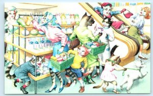 Anthropomorphic MAINZER DRESSED CATS Kittens SHOPPING ESCALATOR  #4962 Postcard