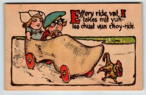 Dutch Boy Girl Postcard Comic Wooden Shoe Car On Wheels Turkey TP & Co. Unused