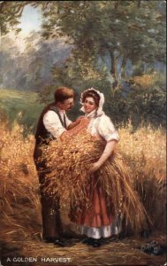 Tuck Country Courtship Man Helps Young Woman Gather Wheat c1910 Postcard