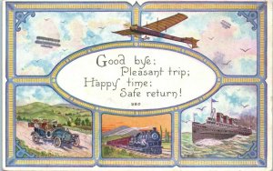 1910s Pleasant Trip Transportation Methods Car Plane Train Ocean Liner Postcard