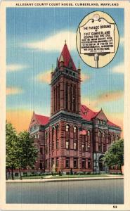CUMBERLAND, MD Maryland  ALLEGANY County COURT HOUSE  c1940s Linen  Postcard