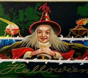Halloween Postcard Nash Gray Hair Witch Magic Potion H-25 Detroit 1914 Fantasy 