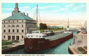 Soo Michigan, Modern Freighter Leaving Poe Lock Modern Steamer Vintage Postcard