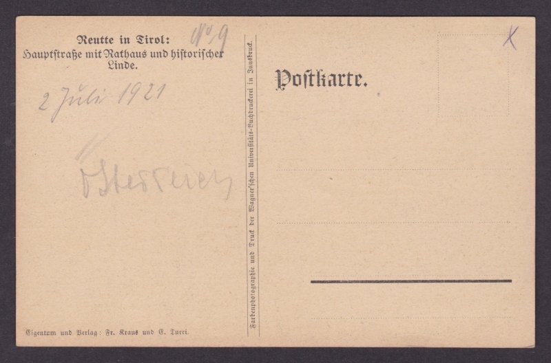 Vintage postcard Reutte Tyrol Austria main street Rathaus historic linden tree