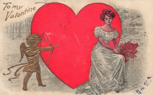 Vintage Postcard 1907 To My Valentine Cupid Arrow the Heart of a Girl Greetings 