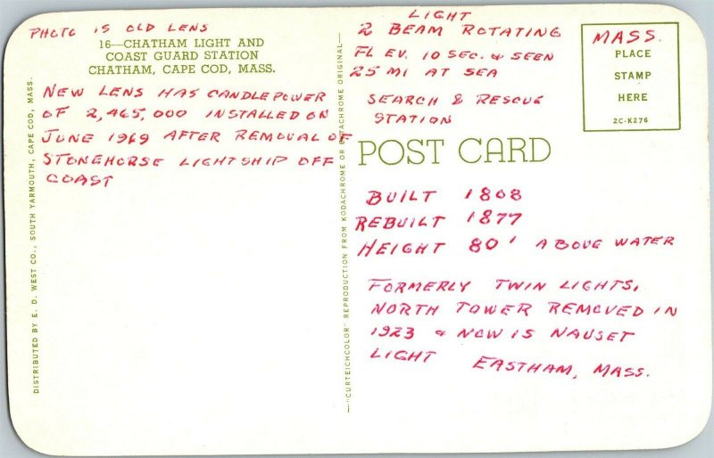 Chatham Light and Coast Guard Station Chatham Cape Cod MA Vintage Postcard E77
