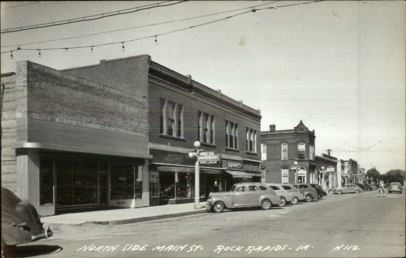 Rock Rapids IA North Side Main St. Cars Stores Real Photo Postcard