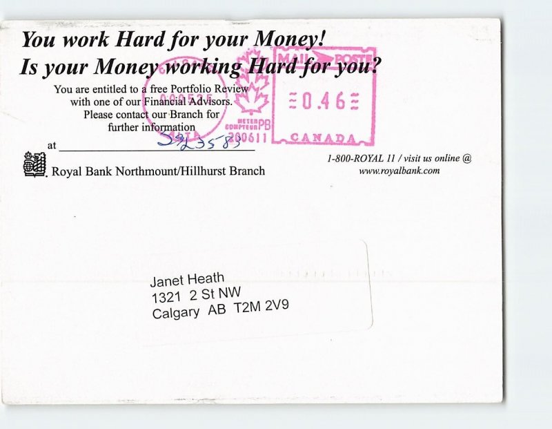 Postcard A Friendly Reminder... Royal Bank Northmount Hillhurst Calgary Canada