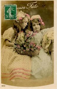 Greetings - Two Girls, Pink Flowers, colorized  -  RPPC