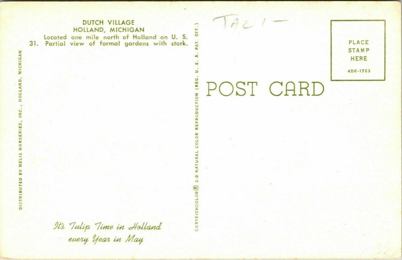 Dutch Village Holland Michigan MI Stork WB Postcard VTG UNP Unused 