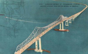 Vintage Postcard 1930' Sunshine Skyway Water Bridge Florida FL St. Petersburg