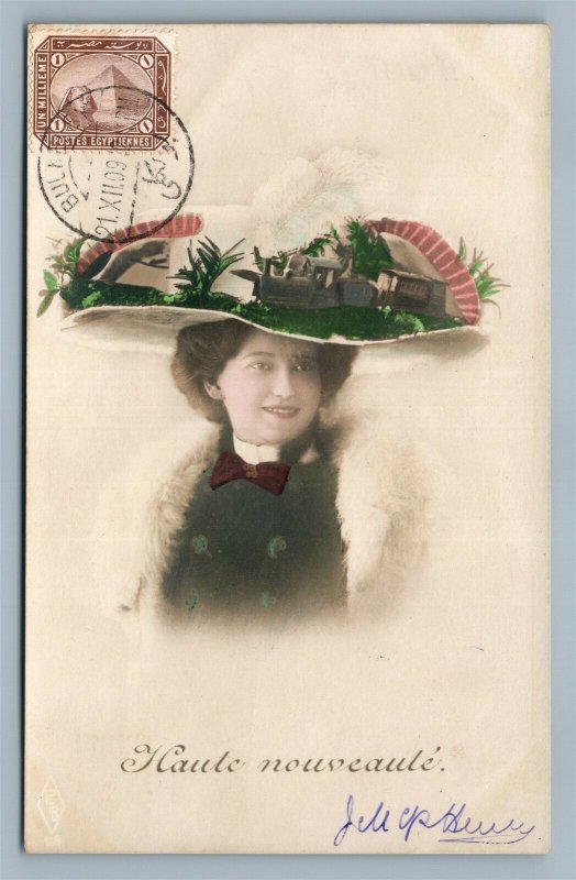 LADY w/ RAILROAD TRAIN HAT ANTIQUE REAL PHOTO POSTCARD RPPC EGYPTIAN STAMP