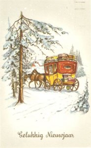 Horse carriage in a snowy landscape Vintage Dutch Christmas postcard 1950s