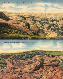 ND, North Dakota Badlands CEDAR CANYON Iron Log & HWY VIEW *Two c1940s Postcards