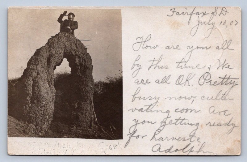 J94/ Fairfax South Dakota Postcard RPPC c1910 Geology Arch Rock Man 461