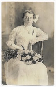 Mrs. S. T. Achenbach with Flowers, Unmailed AZO Real Photo Post Card, RPPC c1911