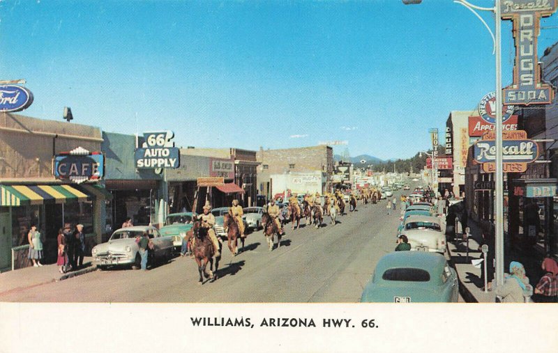 Williams AZ Horse Parade Storefronts Rexall Drug Store Postcard