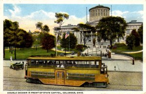 Columbus, Ohio - Double Decker trolley in front of the State Capitol - c1920
