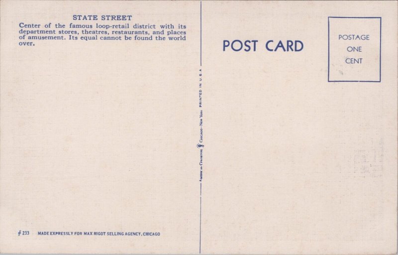 State Street Chicago Illinois Linen Postcard C100