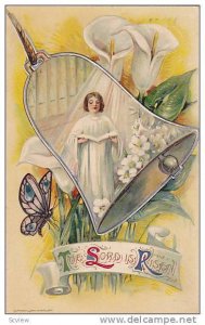 The Lord is Risen, Child reading Bible framed by bell, flowers, butterfly, PU...