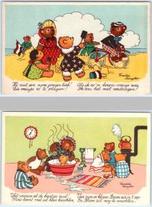 2 Postcards Signed Artist FREDDIE LANGELER  Anthropomorphic DRESSED BEARS Bath