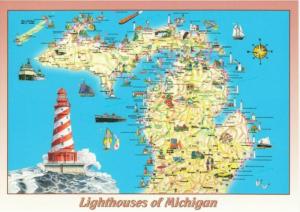 Postcard of Michigan Lighthouse Map