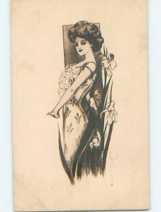 Pre-Linen signed SIDE PROFILE OF PRETTY GIRL IN THE FLOWERS HL4447