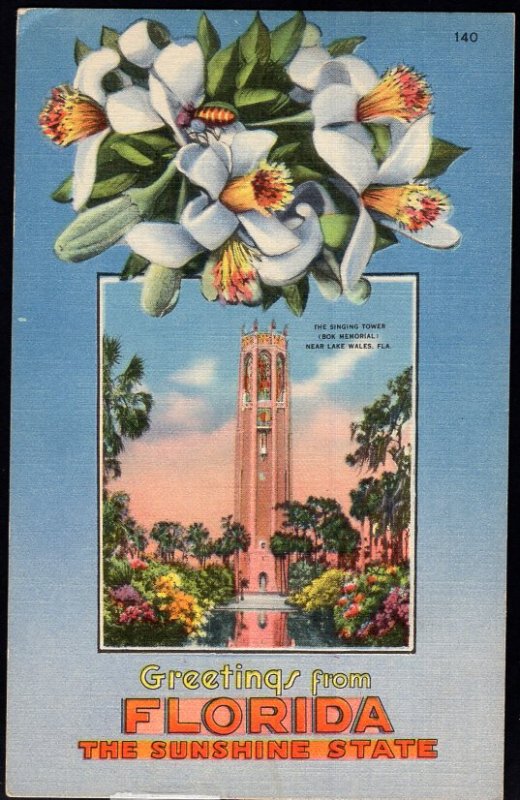 Greetings from FLORIDA with Lilies and The Singing Tower LAKE WALES LINEN