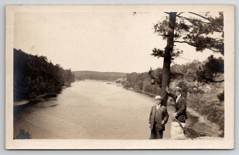 RPPC Two Dapper Men Standing By Tree Above River Real Photo Postcard T23