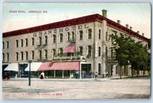 Janesville Wisconsin WI Postcard Grand Hotel Building Exterior View Street 1910