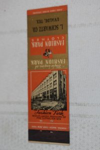 Fashion Park Clothes L. Schwartz Co. Uvalde Texas 20 Strike Matchbook Cover