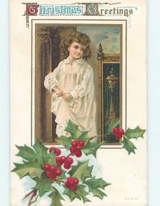 Pre-Linen christmas GIRL IN HER NIGHTGOWN PLUS HOLLY LEAVES HL0228