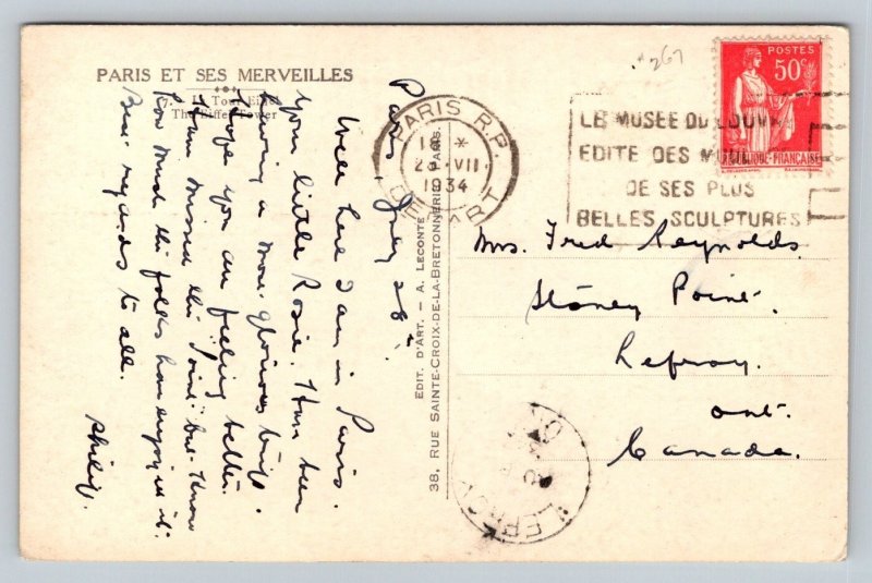 RPPC  1934  Eiffel Tower  Paris  France    Postcard