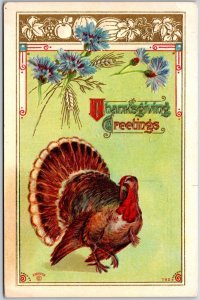 1910's Thanksgiving Greetings Turkey Bordered Flowers Posted Postcard