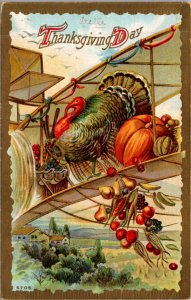 Thanksgiving Day PC Turkey Flying a Biplane Airplane Dropping Fruit Vegetables