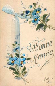 Greetings postcard blue flowers New Year France