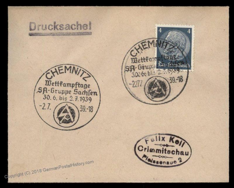 3rd Reich Germany 1939 CHEMNITZ SA War Games Meeting Cancel Cover 88352