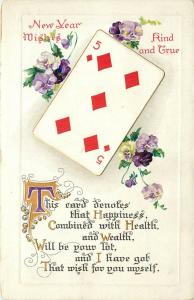 Embossed New Year Postcard; Playing Card 5 of Diamonds, B.B. London Series N.40